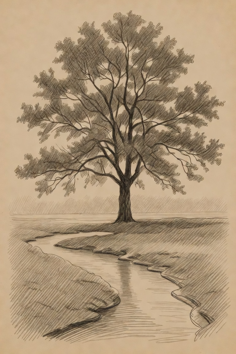 Oak tree beside a winding creek, pencil sketch on sepia paper